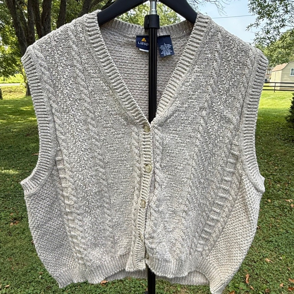 Lizsport Vintage Cotton Cable Knit Button Front Sweater Vest Beige Made in USA L